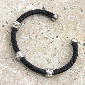 Black Cable Cuff Bracelet with Crystal Accents in Silver